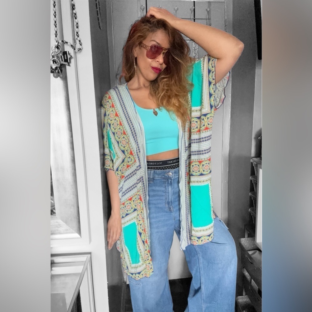 Democracy Turquoise Multicolor Printed Kimono Cardigan